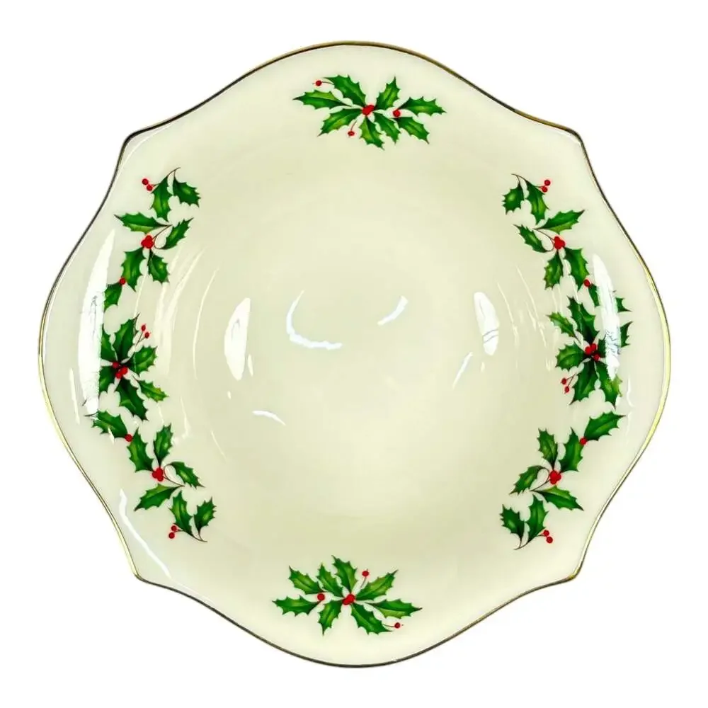 Lenox Holly & Berry Pedestal Holiday Compote Dish Christmas 24K Gold Vintage